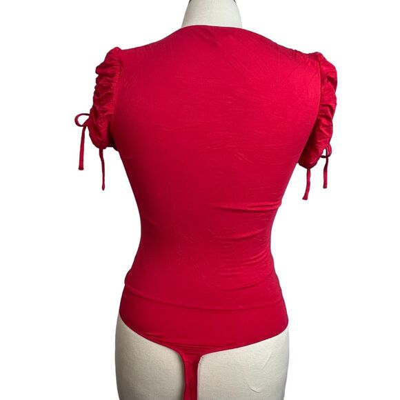Lovers and Friends Jupiter Bodysuit Size S Red Square Neck Ruched Knit - Picture 10 of 16